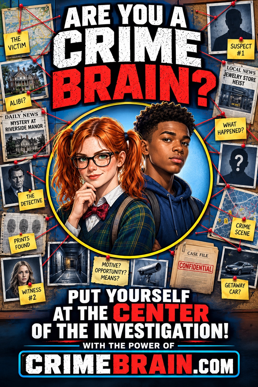Are you a Crime Brain? Illustrated investigators surrounded by an evidence board